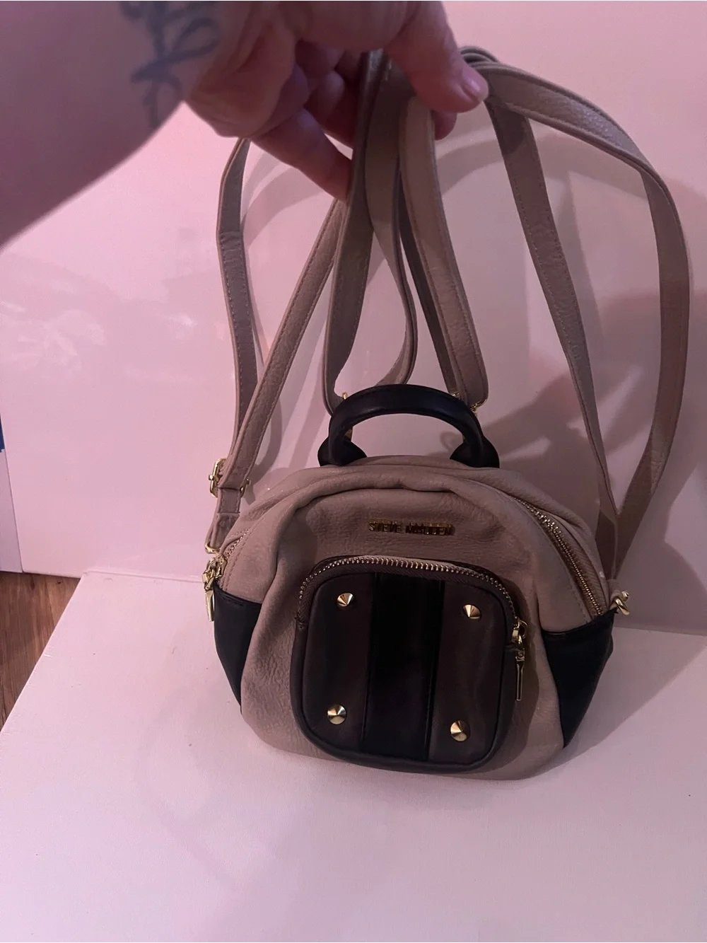 Steve Madden Beige and Black Mini Backpack Purse